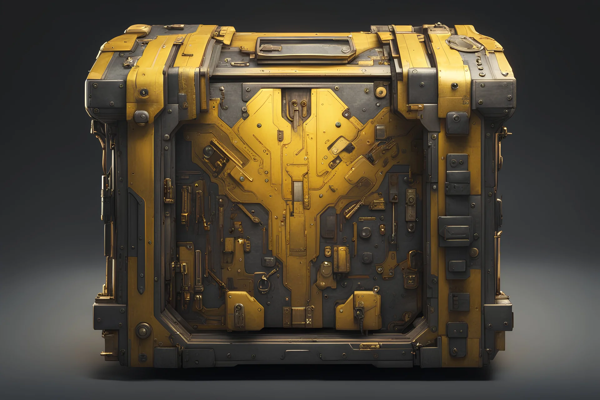 valuable opened chest, cyberpunk style, yellow colors, facing forward, with gold inside