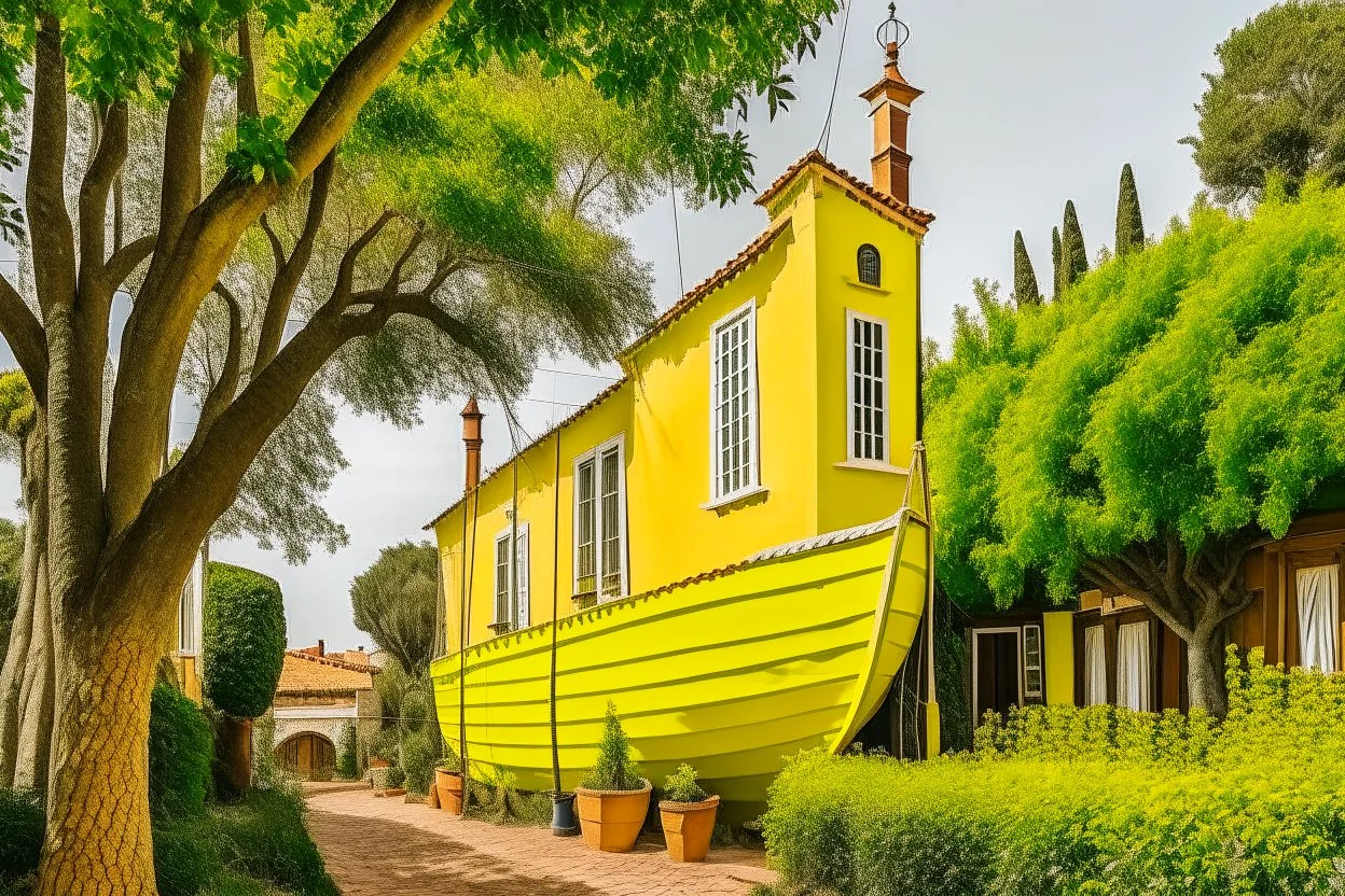 A large yacht is parked in the yard of a yellow stone house with a brown tiled roof, a large brown window and a chimney, a lush lace bush and a marijuana plantation, in the surrealist Salvador Dali style