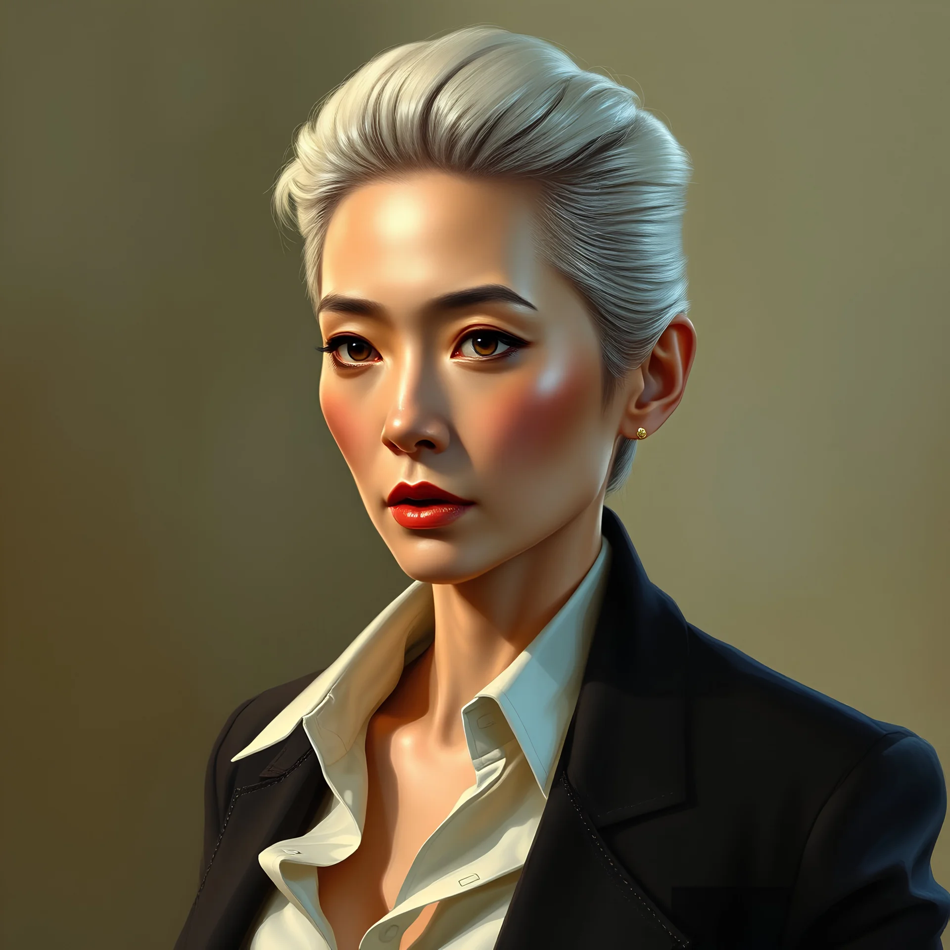 Fantasy portrait based on Michelle Yeoh of hot old professor with slicked back, short, platinum blonde hair