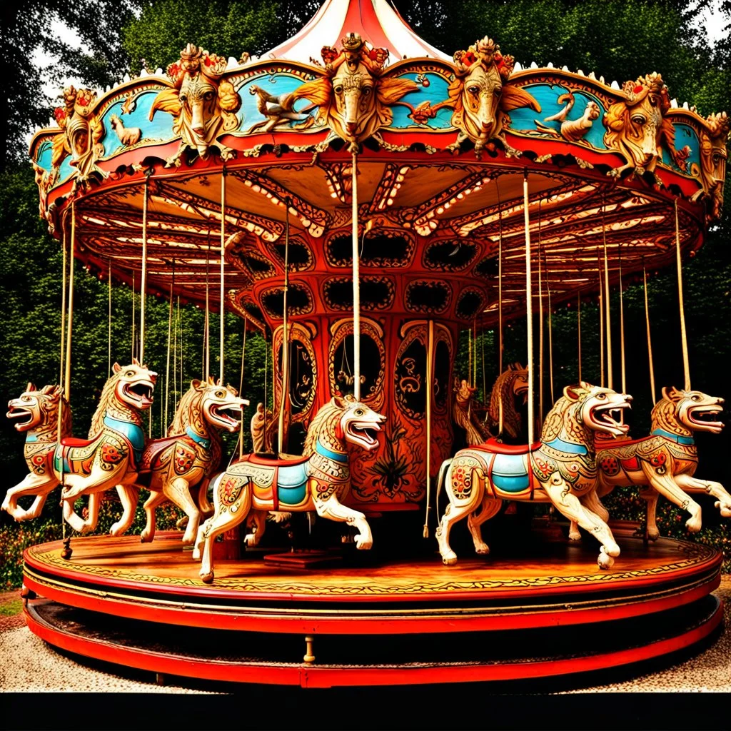 Antique circus carousel (merry go round) meticulously carved, with intricate details, showcasing a menagerie of life-size creatures moving in graceful rhythm, anatomically accurate mythological creatures like Griffins, unicorns with wings, along with large decorated rabnits, tigers, and black bears, hand painted with expressive, grotesque faces. fantastical creatures art style is flamboyant, magical, early 20th century, overexaggerated, realism, surrealistic atmosphere, grotesque, alive-like sc