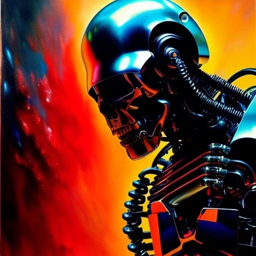 Drawing of 'Terminator T-800 Endoskeleton' painting by gaston bussiere, greg rutkowski, yoji shinkawa, yoshitaka amano, tsutomu nihei, donato giancola, tim hildebrandt,KyuYong Eom,Ren Wei Pan Oil on canvas, cinematic composition, extreme detail,fit full head inside picture,16k