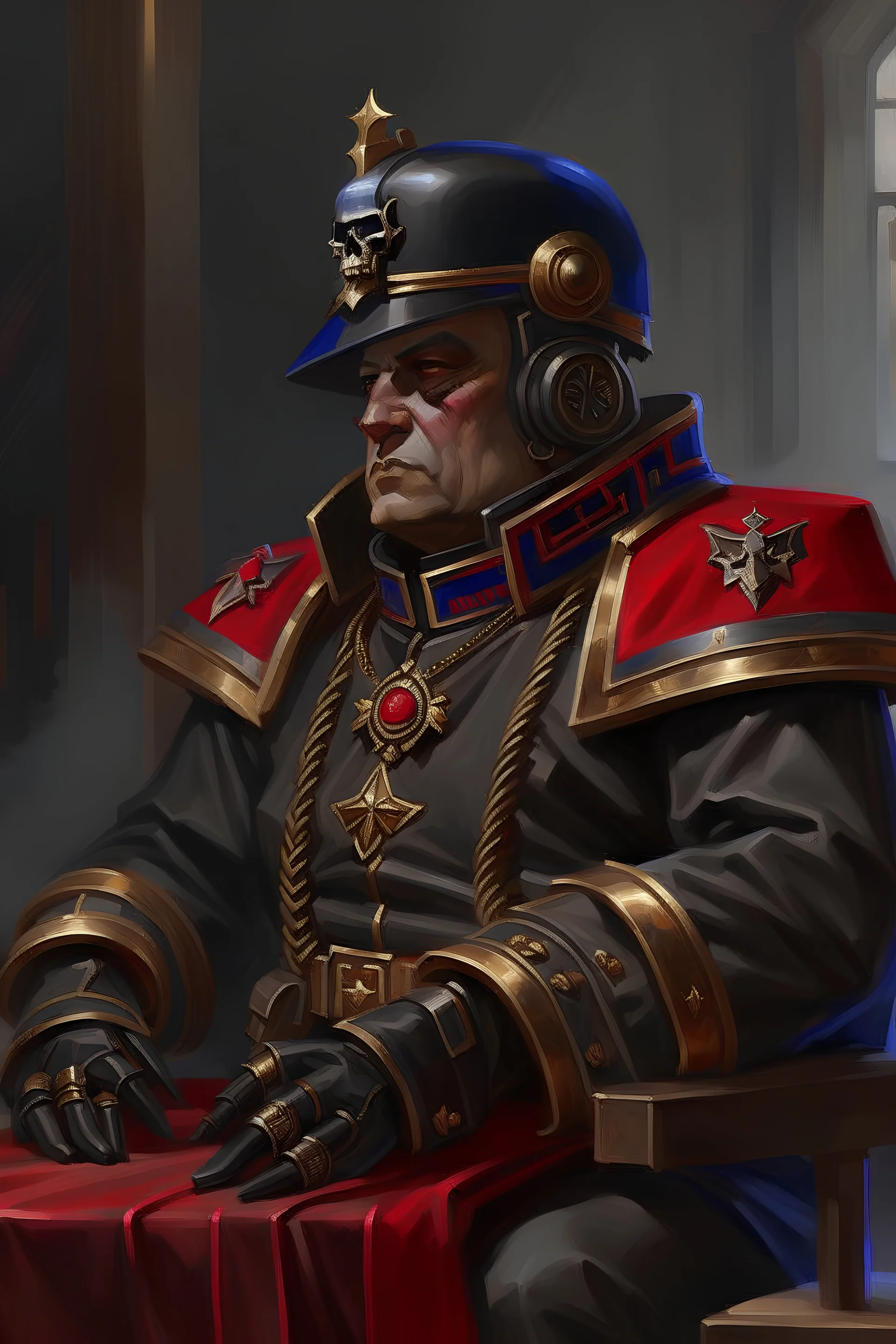 An oil painting of a wh40k commissar pondering, young, black and brass coat, high detail : 0.3