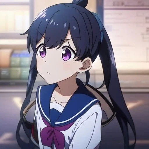 Clear focus, High resolution, short black fluffy hair, long locks, chopped bangs, pony tail, purple eyes, wearing a sailor uniform, (solo), anime screencap, pixel