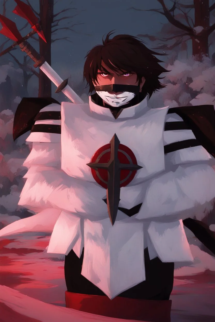 The character, in a striking white armour against a wintry backdrop stands with his arms behind his back inside the scene, he has a red and black circular symbol on his chest like a shield, a black pointed spear with a red handle on his back, His eyes are showing a dynamic expression and he wears a black oni with white sharp teeth on it covering the bottom part of his mouth he has brown shoulder pads and a white belt with a bag attached to it. He has dark brown hair, he does not wear a helmet.