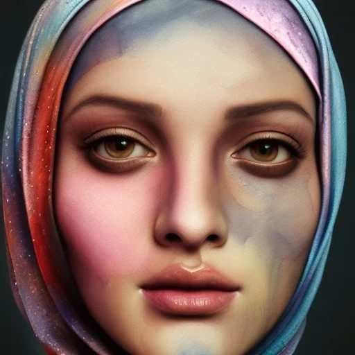 watercolor painting as woman's face, wearing hijab, fine detail, highly intricate, modern surrealism painting, fog, high-quality, volumetric lighting, 8k, ultrahd, George Grie, Marco Escobedo, Igor Morski,Brian Froud, Howard Lyon, Selina French,