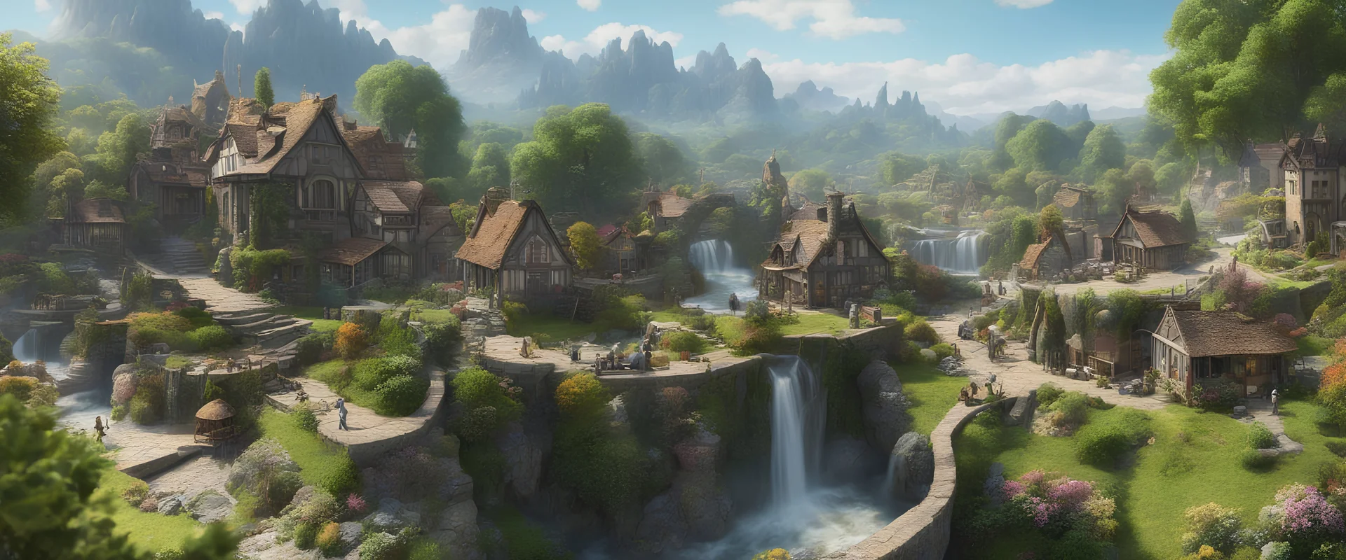 A busy surrealist market in a beautiful surreal sunny countryside scene with distant hills, many conjoining intricate characterful dwellings (designed by Esher), pathways & stairways, waterfalls & a waterwheel : ultra high detail, photorealistic, epic cinematic, 8K, Large depth of field
