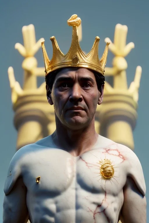 Ultra Realistic image, classic sculpture, white marble material, Maradona, gold crown of natural thorns, god crown, gold veins, gold ornaments, sun rays background, waist up portrait, epic, celestial, cinematic lighting, God lights, 4k resolution, smooth details, soft lighting, unreal engine 5, art station, substance 3d.