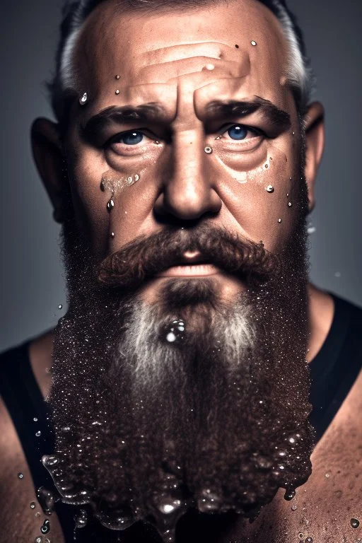 portrait photography, dirty burly chubby marocan ugly strong 58 years old redneck man, milk falling from above, splashing and dripping milk in the face, milk dripping on the beard, with dirty tank top, serious eyes, manly chest, photo, Canon EOS, lens 35mm, natural lights, 8K, in the morning