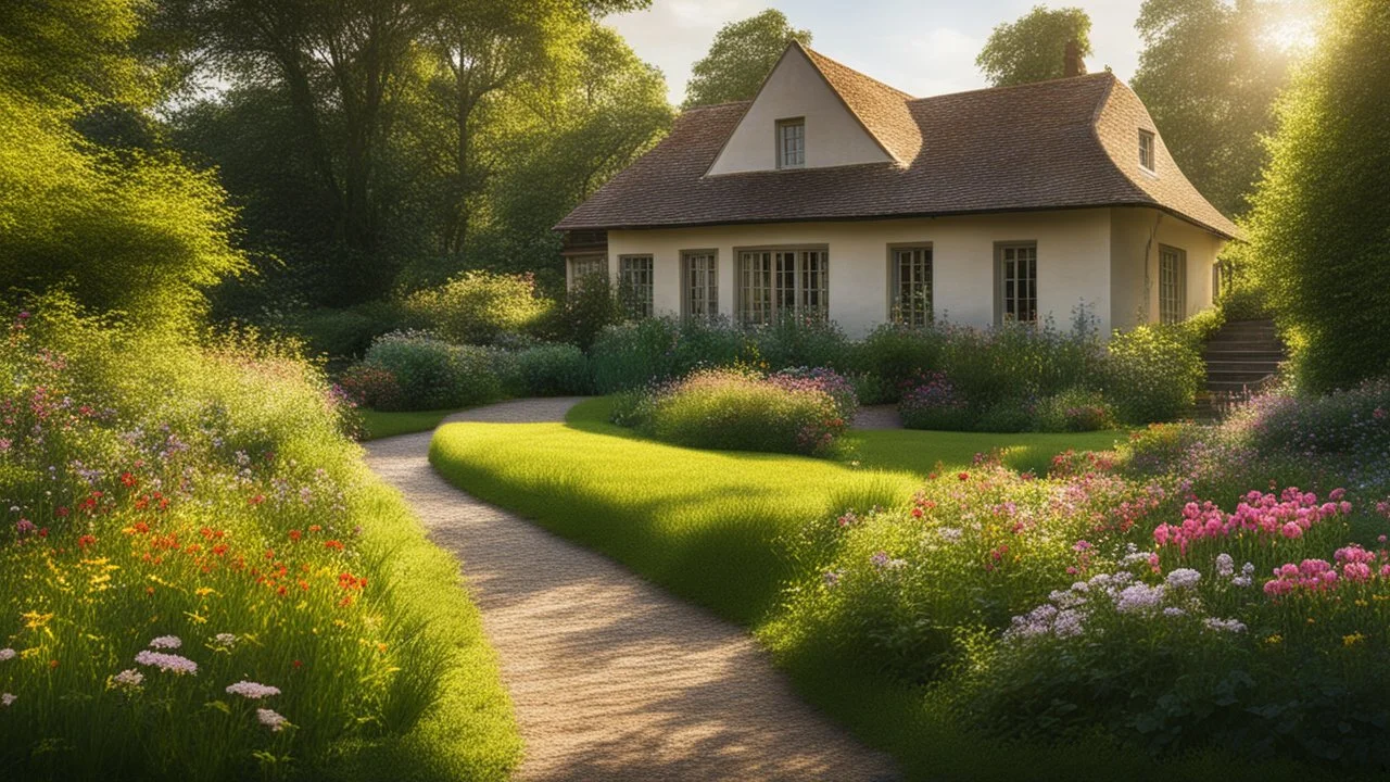 Beautiful realistic rural landscape, warm sunshine, lush plant growth, flowers, arts-and-crafts house, brook, peaceful, delightful, idyll, award-winning photograph, detail, beautiful composition, attractive colour, chiaroscuro, rule of thirds