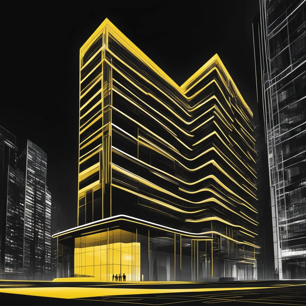 Ilustración minimalista de una edificio estilo Zaha Hadid en la ciudad arte nouveau neón lineal color negro blanco y amarillo calidad ultra fondo ciudad