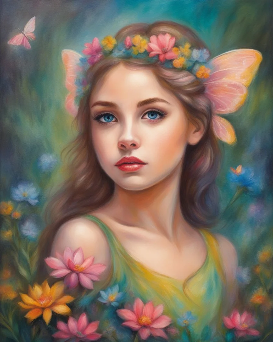 Oil pastel painting of a beautiful girl, fantasy, dream, forest, glitter background, beautiful, oil pastel painting, fantasy art, fairy, young girl, beautiful portrait painting, flowers, colorful, inspired by Thomas Kinkade, fine art, 8k