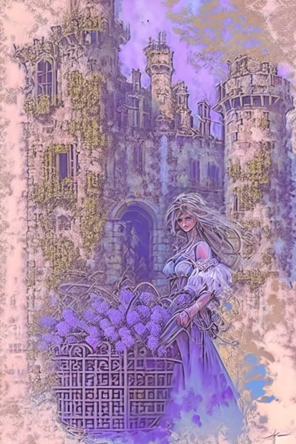 The courtyard of an ancient French castle, beautiful perfect faced woman with a basket of lavender in her arms by Jean-Baptiste Monge, watercolor and ink, intricate details, fantasy, beautiful, award winning, colorful, fantastic view, crisp quality in sunshine