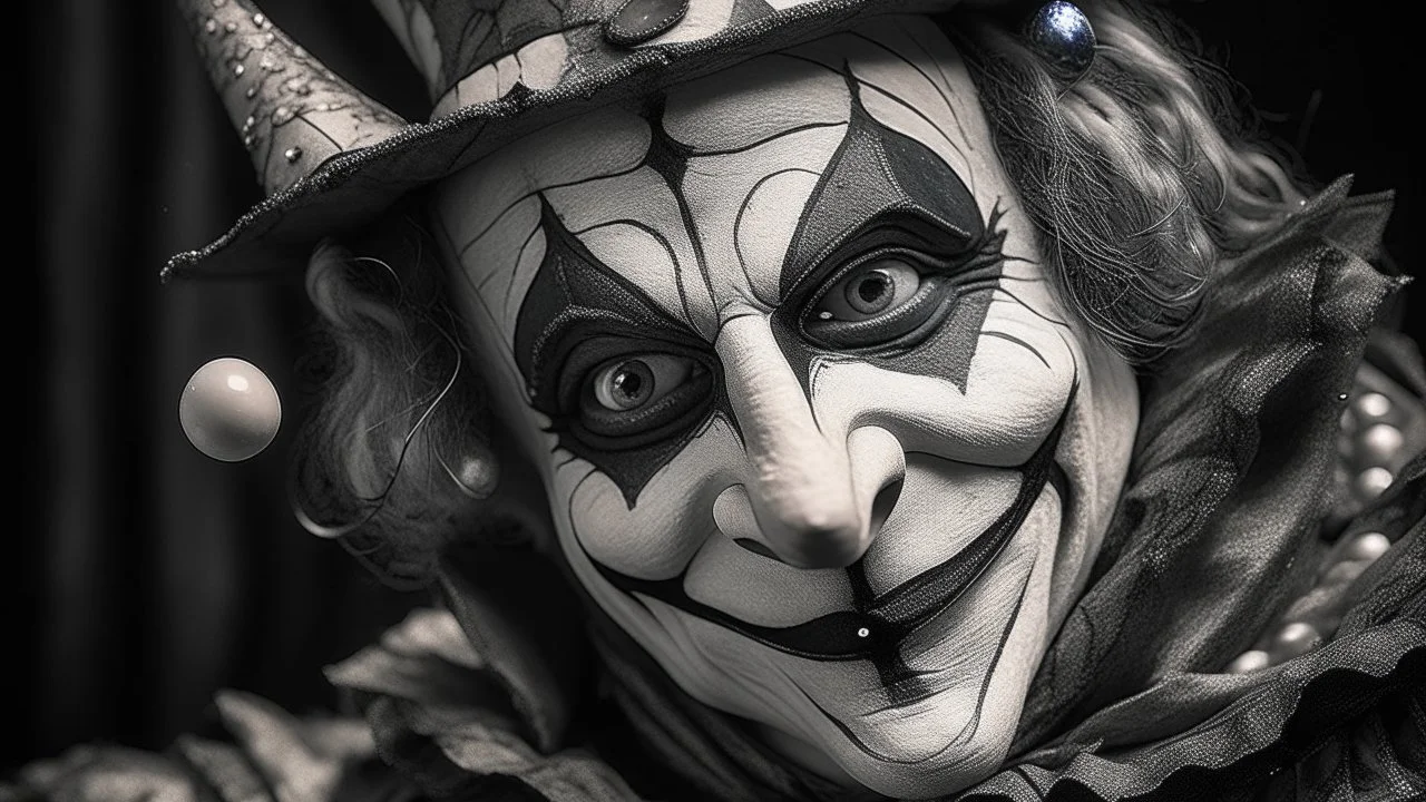 A close-up, black and white, portrait of a jester with a cracked, weathered texture. The jester wears a traditional jester's hat with a bell on one side, and a diamond-patterned mask covering the eyes. The mask is also cracked and peeling, adding to the aged and distressed aesthetic. A ruffled collar frames the jester's neck. The background is textured and appears to be a distressed wall. The lighting is dramatic, casting shadows that emphasize the jester's features and the textures of the image