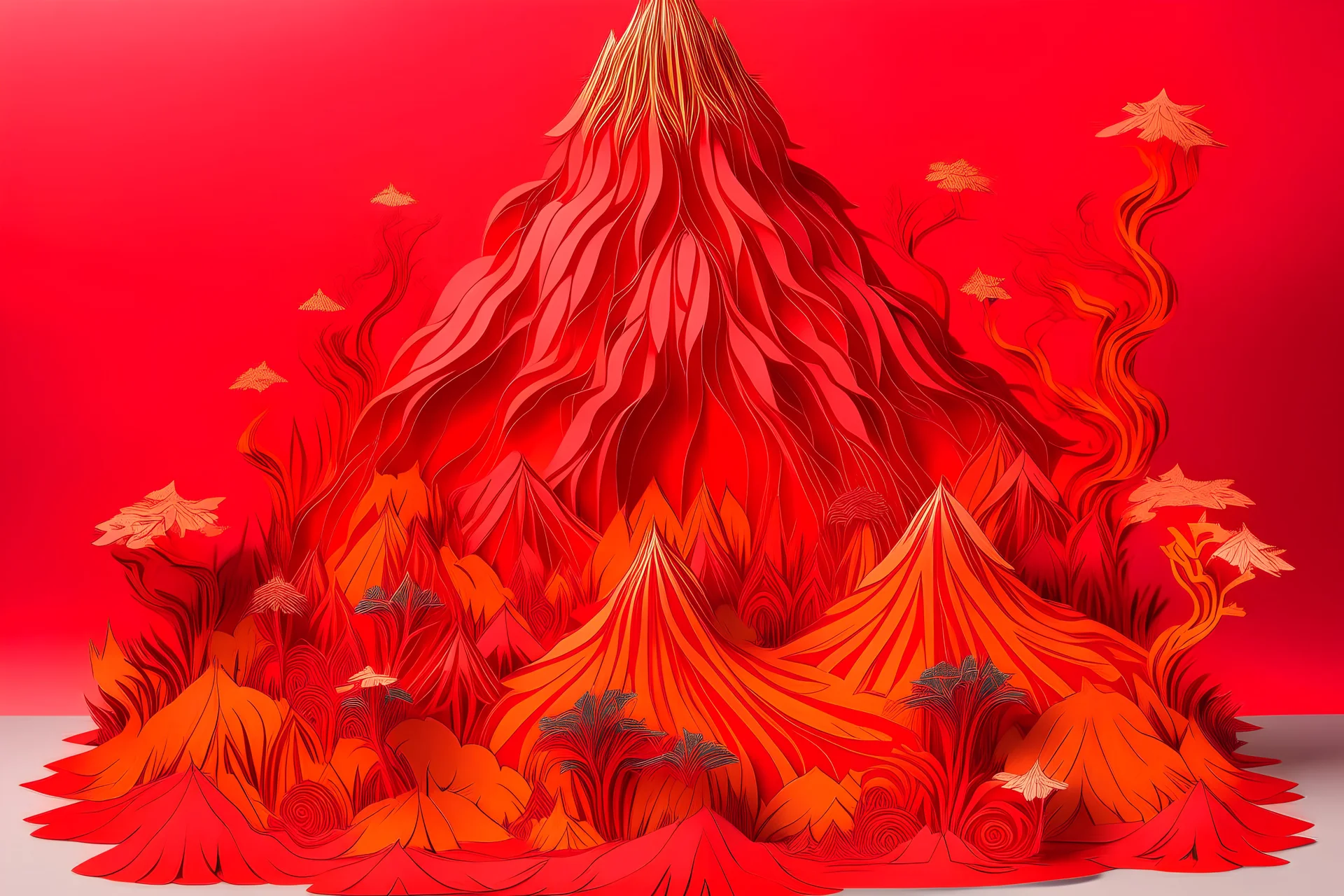 A red flaming volcano designed in Chinese paper art