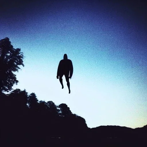 dark man shadow float in sky. scared people. river. river rock . valley . night