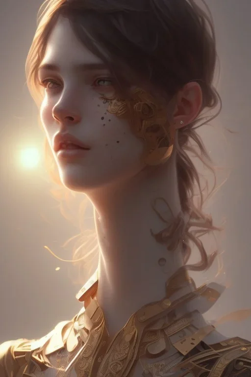 Boy, cute, brown hair, brown eyes, freckles,, head and shoulders portrait, 8k resolution concept art portrait by Greg Rutkowski, Artgerm, WLOP, Alphonse Mucha dynamic lighting hyperdetailed intricately detailed Splash art trending on Artstation triadic colors