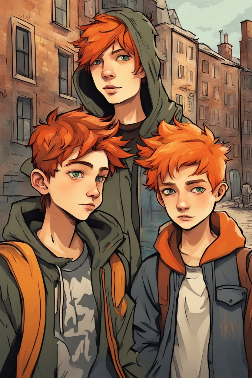 Act like a book cover designer. Use graffiti style. Three teenagers (13-15 years old) - two boys brothers with ginger hair and frickles with a brown-haired girl and with a grimy black cat. Environment: old town.