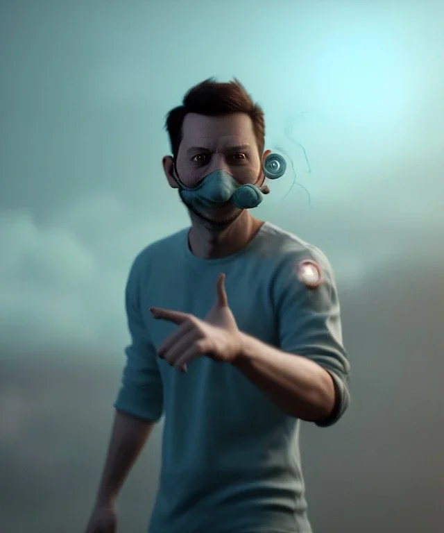 Realistic image, waist up view, a guy making the fuck you gesture with his hand, blue smoke coming out of his eyes, nose and mouth. Happy, smile, soft color, highly detailed, unreal engine 5, ray tracing, RTX, lumen lighting, ultra detail, volumetric lighting, 3d, finely drawn, high definition, high resolution.