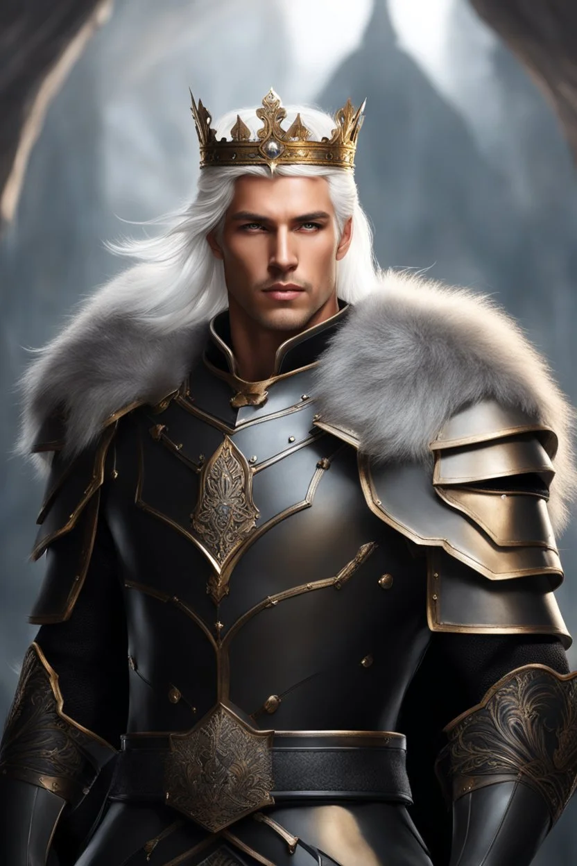 Male Tan Human, White Hair, Handsome Face, Wearing A Crown, Black Heavy Armour, Dark colours theme, Dark Background