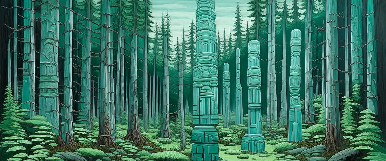 A mint color forest with Pacific Northwest totem poles painted by Frank Wilson