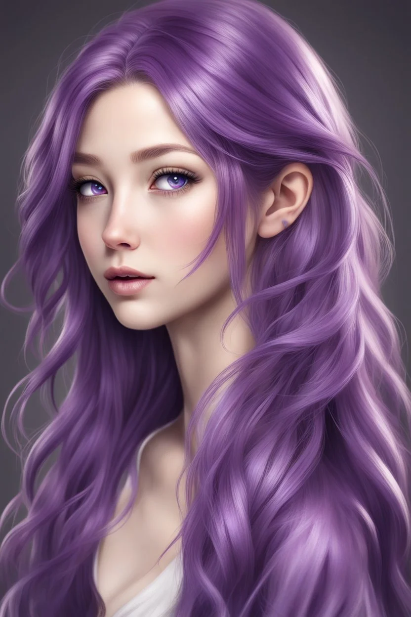 beautiful woman with green eyes and long purple hair anime realistic