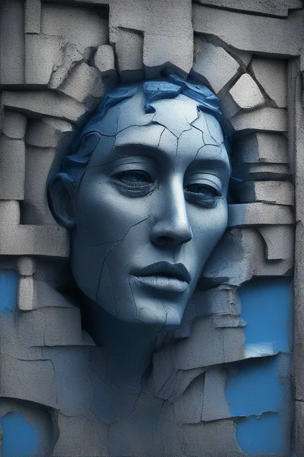 surrealis monochrome A fragmented, surreal sculpture liguid blue color of photorealistic image 3d,psychedelic art glossy emerging from devilish a crumbling walls of an old castle The face appear and intricate details, evoking a haunting expression. set against a backdrop of stormy, cloud-filled skies. bauhaus art The overall tone is dark blue and moody, suggesting themes of decay and transformation.
