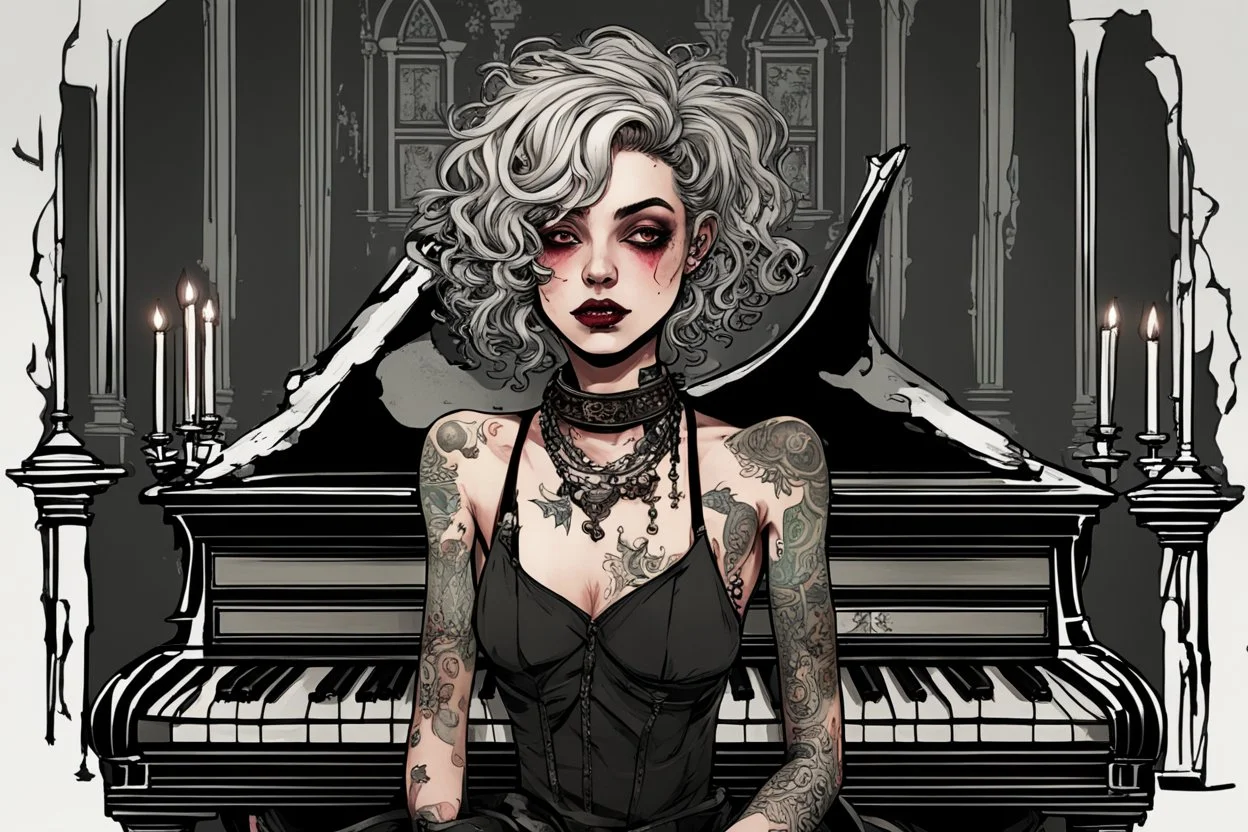 scarred cyberpunk vampire girl with tribal tattoos short curly cyberpunk hair playing a grand piano in the library of a decaying gothic mansion in candlelight at midnight