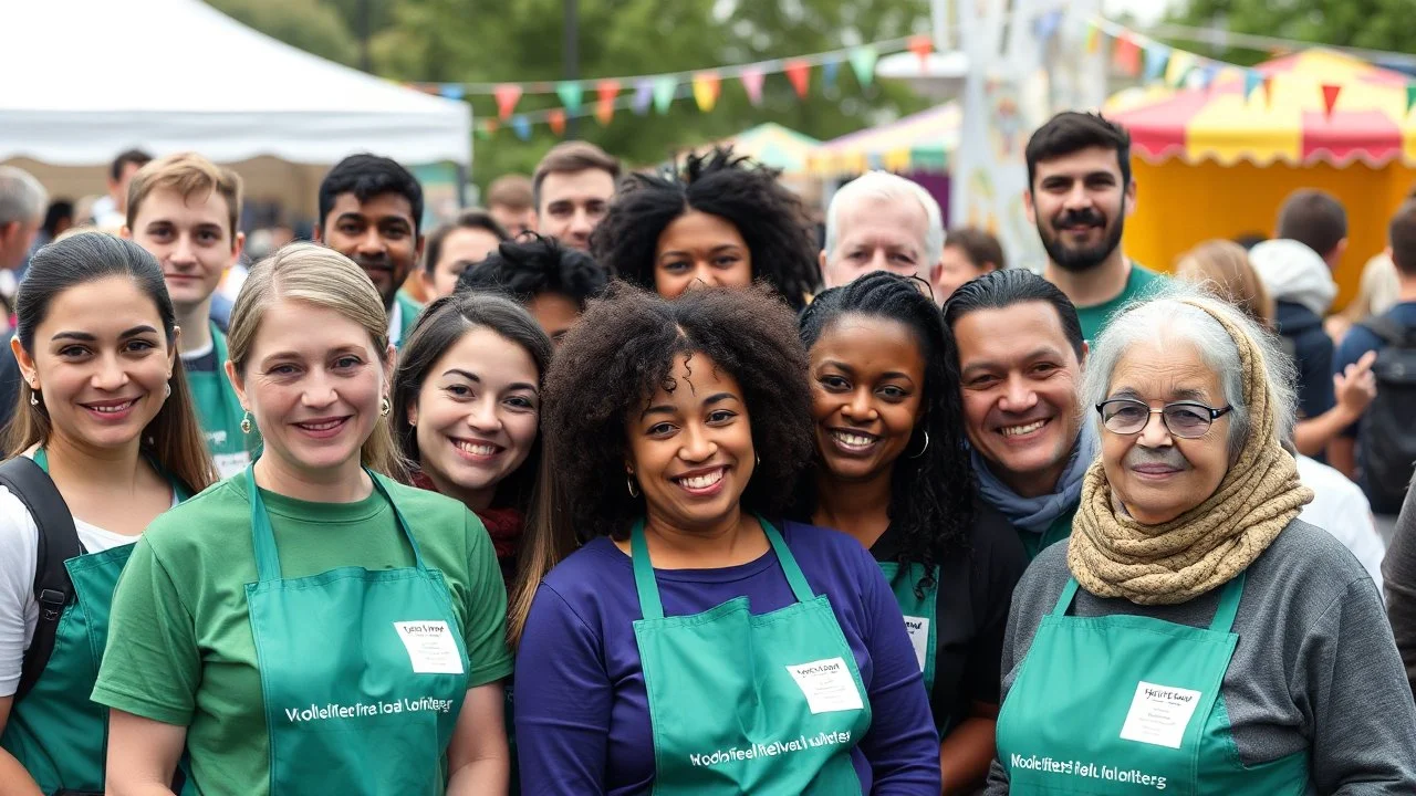 18 volunteers at a multicultural festival in Wandsworth, London: people include cockney, jewish, asian, polish, scottish, black, chinese, indian, japanese, and other nationalities. Young adults, middle aged, and elderly. Realistic detailed beautiful colour photograph