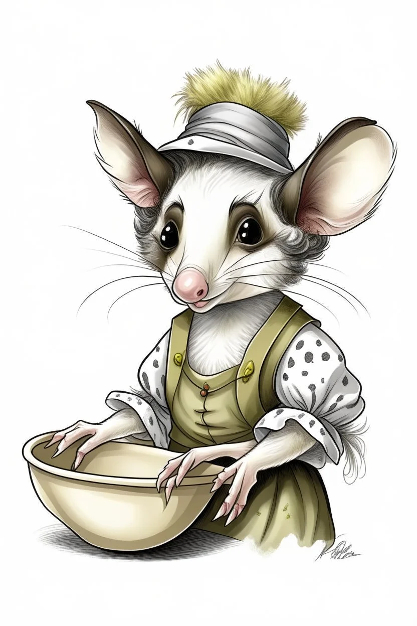 A drawing of a possum in a french maid outfit