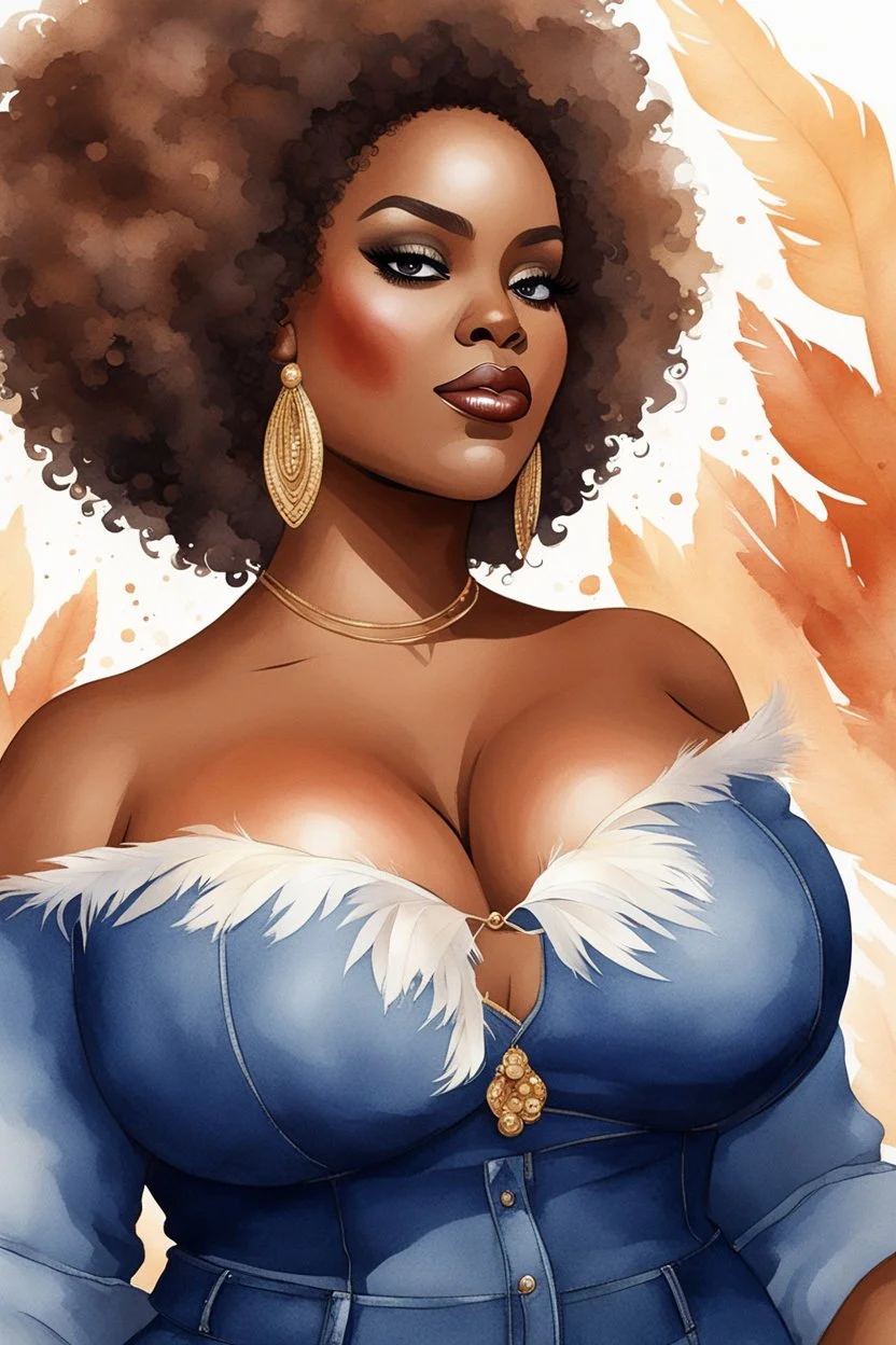create a watercolor illustration of a plus size dark skinned black female wearing Tight blue jeans and a hazel brown off the shoulder blouse. Prominent make up with long lashes and hazel eyes. She is wearing brown feather earrings. Highly detailed full black tight curl afro