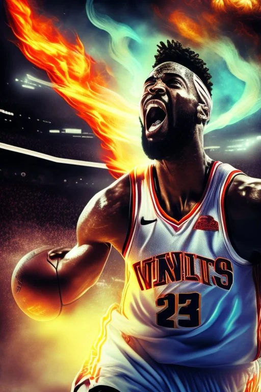 8k, highly realistic and detailed image of a NBA basketball player in action dunking the ball in the net, sweaty hair, screaming look,action and smoke and flames background