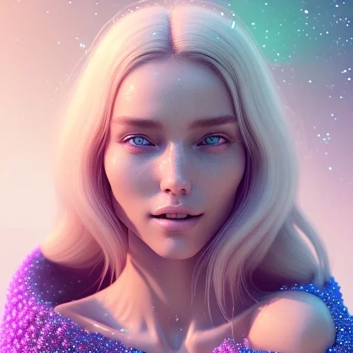 octane render, 8k, high detail, belle femme blonde, portrait, sourire, foret de cristaux, ciel cosmique bleu et violet