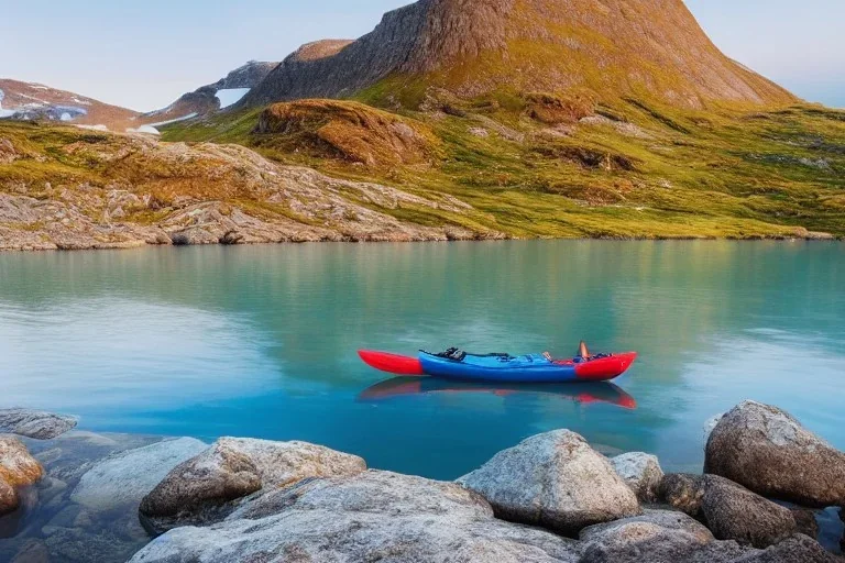 highly detailed glacial lake landscape, sunset, cinematic lighting, 4k, 8k, octane render, popular on 500px, pinterest, extremely detailed, ambient lighting, single frame, small carbon yellow solo narrow symmetrical swift sea kayak on rock pebble beach in foreground, norway, iceland, fjord