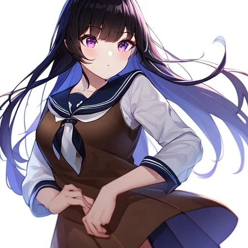 Clear focus, High resolution, long black fluffy hair, long locks, chopped bangs, purple eyes, wearing a sailor uniform outfit, (solo), wearing a brown vest, 1girl, white background