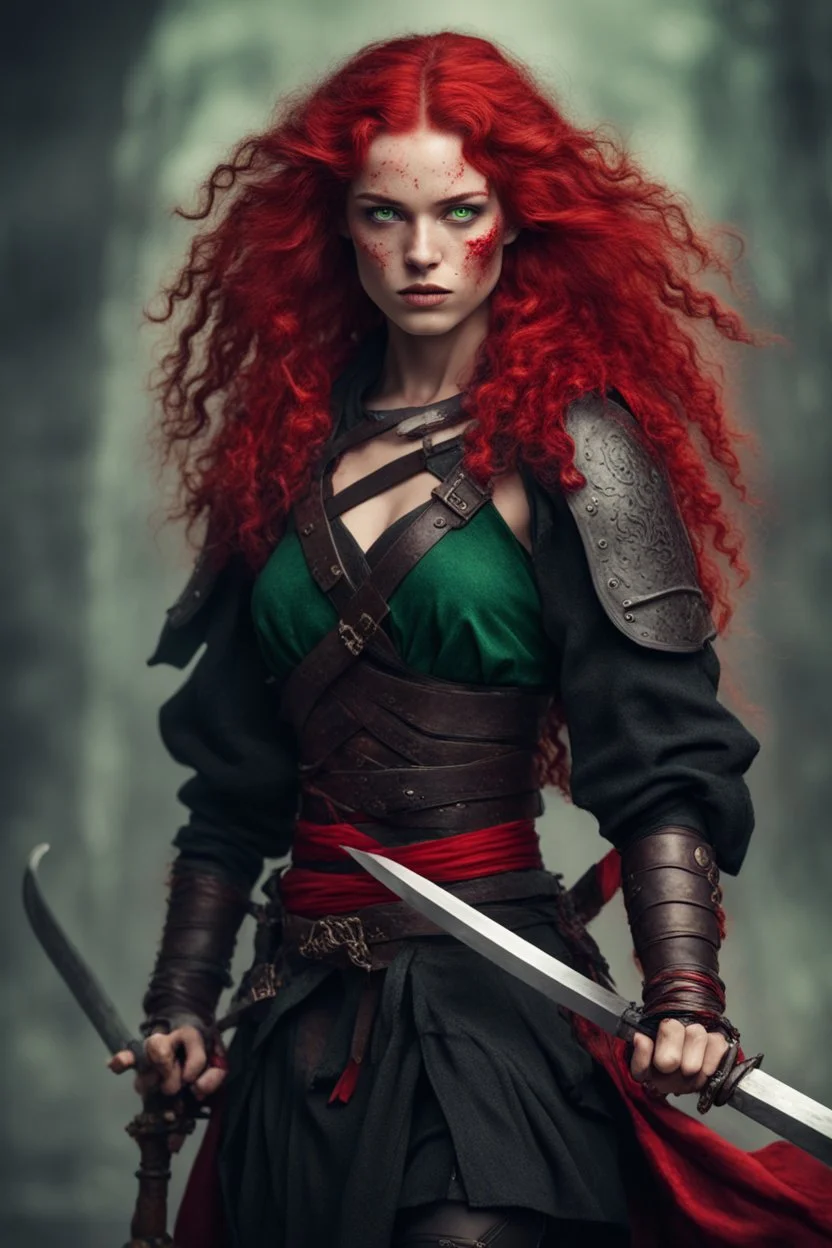 Young warrior woman, with green eyes and freckles. With long blood red curls. Dressed in epic black and red clothing. Carrying two swords.