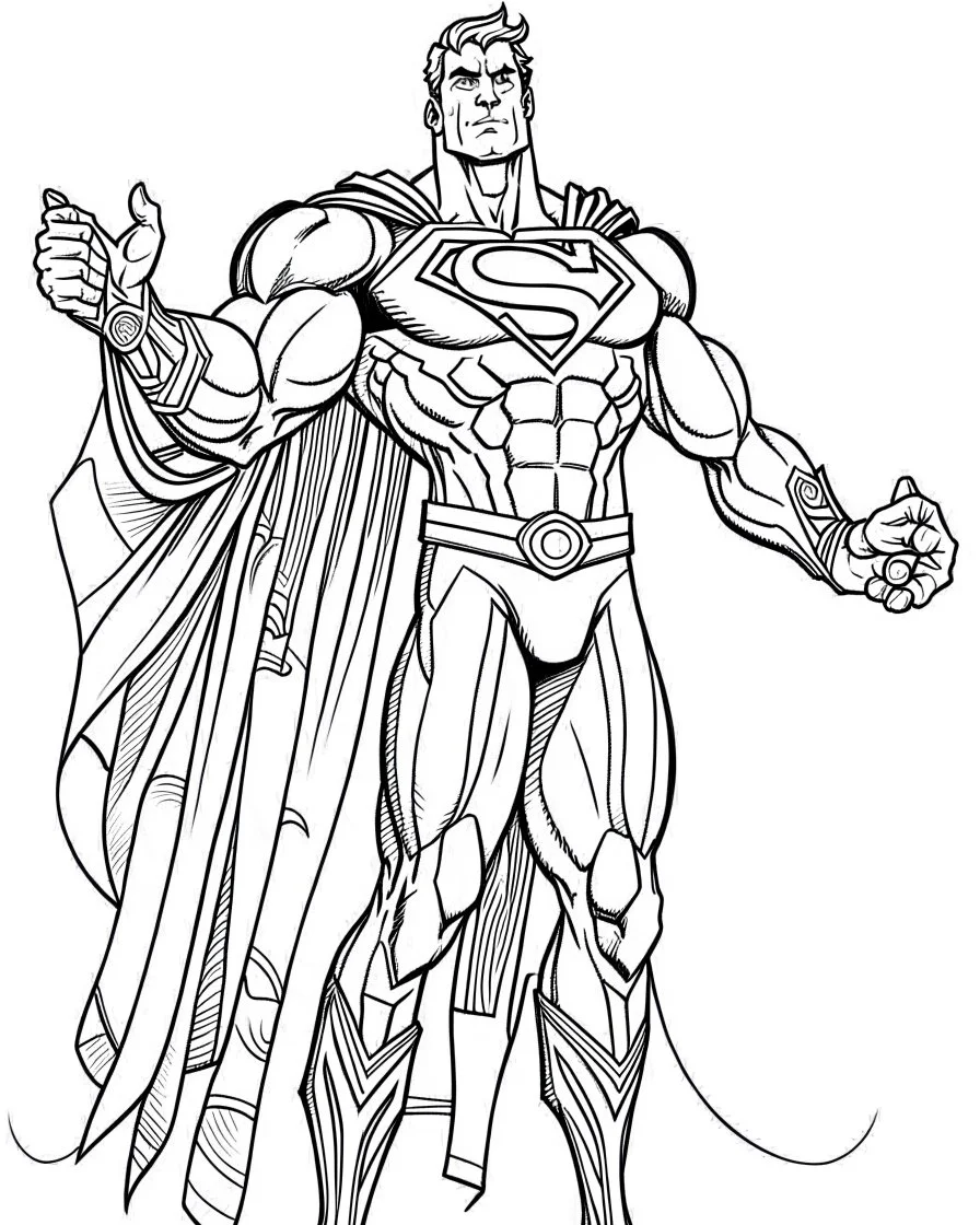 real massive Superman help, coloring page, no leaves, full body (((((white background))))), only use an outline., real style, line art, white color, clean line art, white background, Sketch style