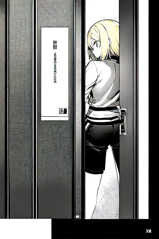 blonde girl with short jacket and shorts runs in a corridor in front at a mystery door, back view, manga page, grayscale