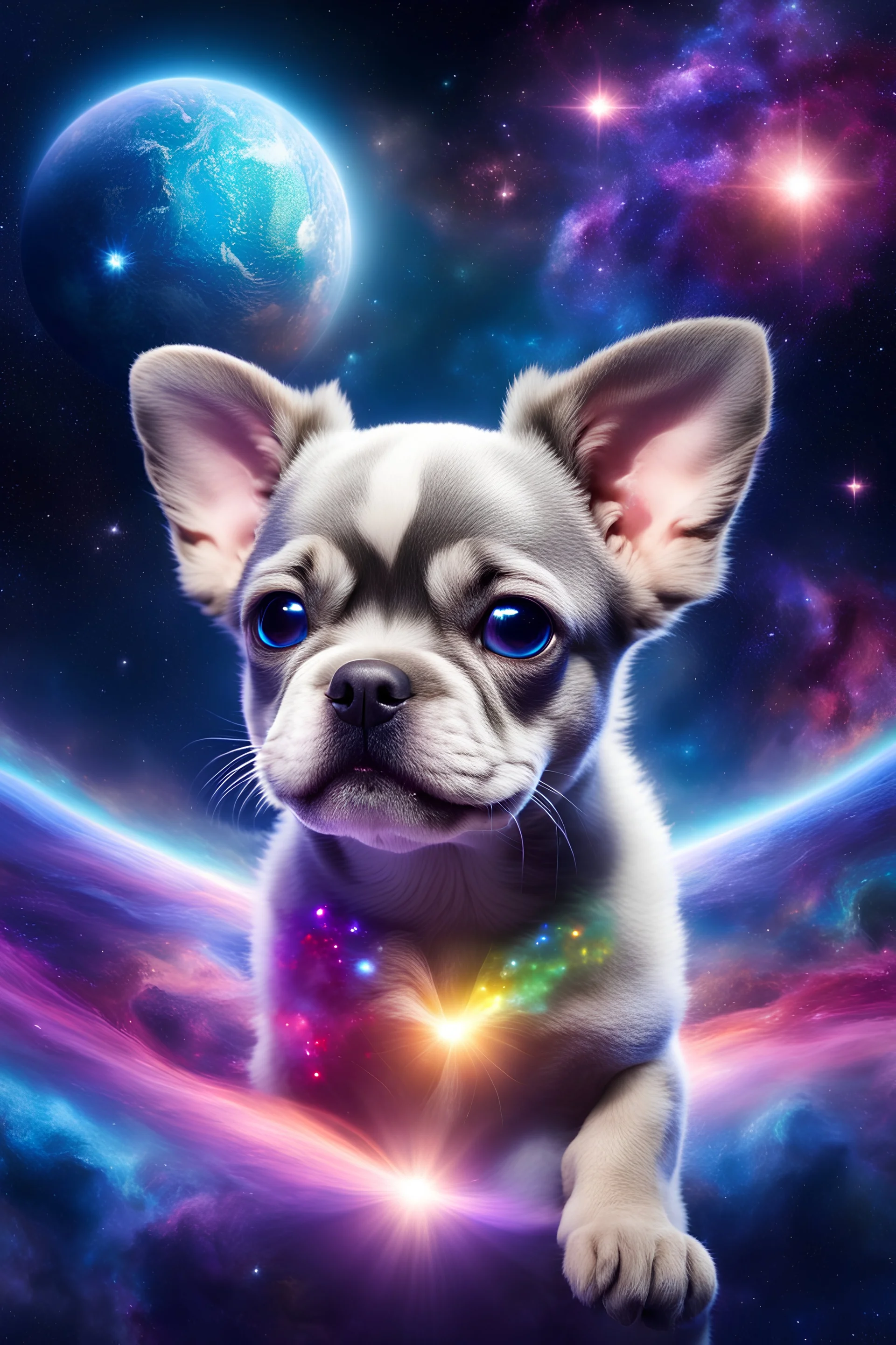 large eyed happy puppy grey frenchton in the distance a colorful intricate HEART shaped planet similar to earth in a brig ażht nebula, sparkles, cinematic lighting, vast distances, swirl, fairies, magical darkness, sharp, depth, jellyfish, cinematic eye view