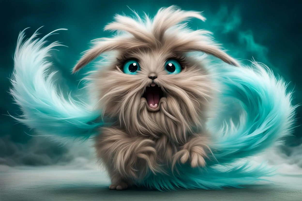 cute dust bunny fizzgig being swept into a magical wind vortex, fluffy gray fur, detailed fur texture, oversized expressive eyes, open mouth panic fearful expression, dynamic diagonal motion pose, limbs reaching forward, body tilted in perspective, sense of speed and motion, flowing translucent teal and aqua wind ribbons, spiraling air currents forming a curved arc, soft tornado funnel in the top corner, painterly semi-transparent wind, 3d puppet
