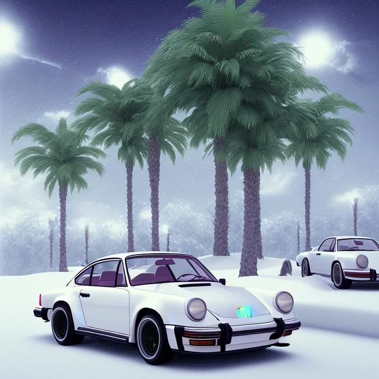 1980's aesthetic vaporwave palm trees with porsche in the winter snow with lightning