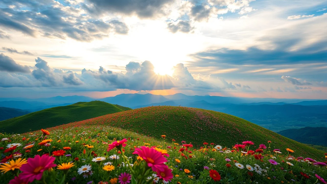 beautiful Green hills covered with flowers colorfull ,blue sky heavy clouds with godray at sunset ,very nice flowers at closeup ,wonderfull mountains at distance