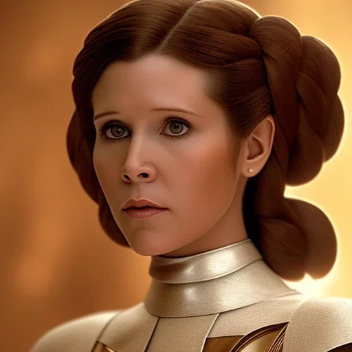 Cinematic photo portrait of 20 year old carrie Fisher as princess leia in star wars a new hope, hazel iris, braided hair, intricate, highly detailed, unreal engine,cinematic, cinescene, ultra realistic, cinematic lighting, muted colours, subtle lighting, photorealistic, hyper realistic, hyper detailed, octane render, 8k, cinematic, photographic, photoreal, 60mm, skin details,8k