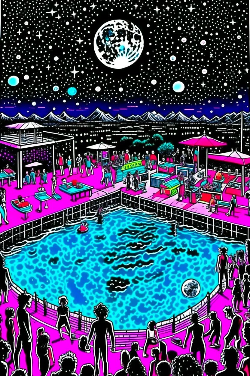 techno rave party in 80's with swimming pool on the moon full