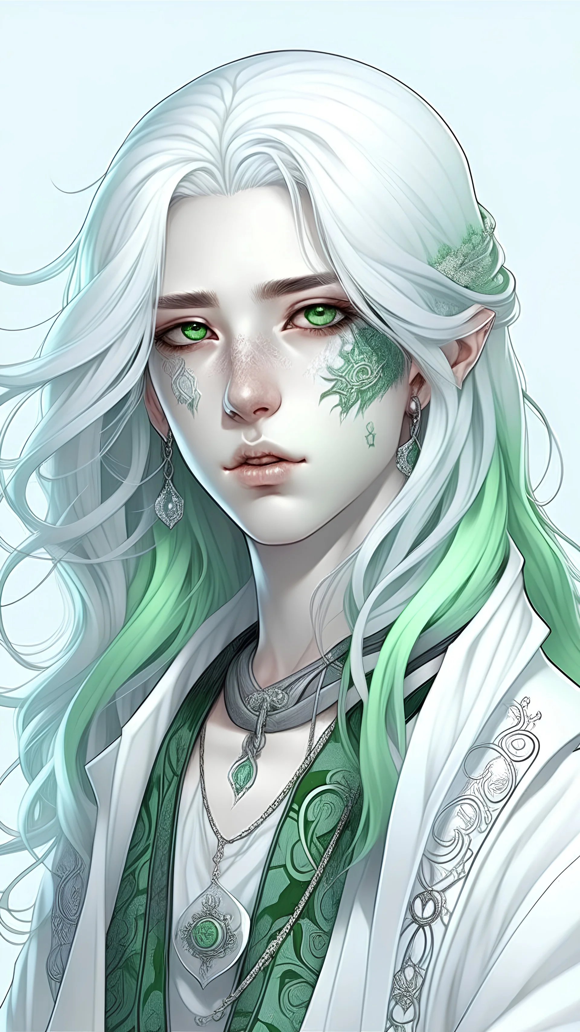 Realistic brutalist anime art style. Avien, a short lean, porcelain skin with few scars. Ice green eyes. Very long white hair with wavy texture in a braid. With many tattoos and piercings. Wearing an open jacket with faint patterns that shimmer. Silver plating covering most vulnerable areas.