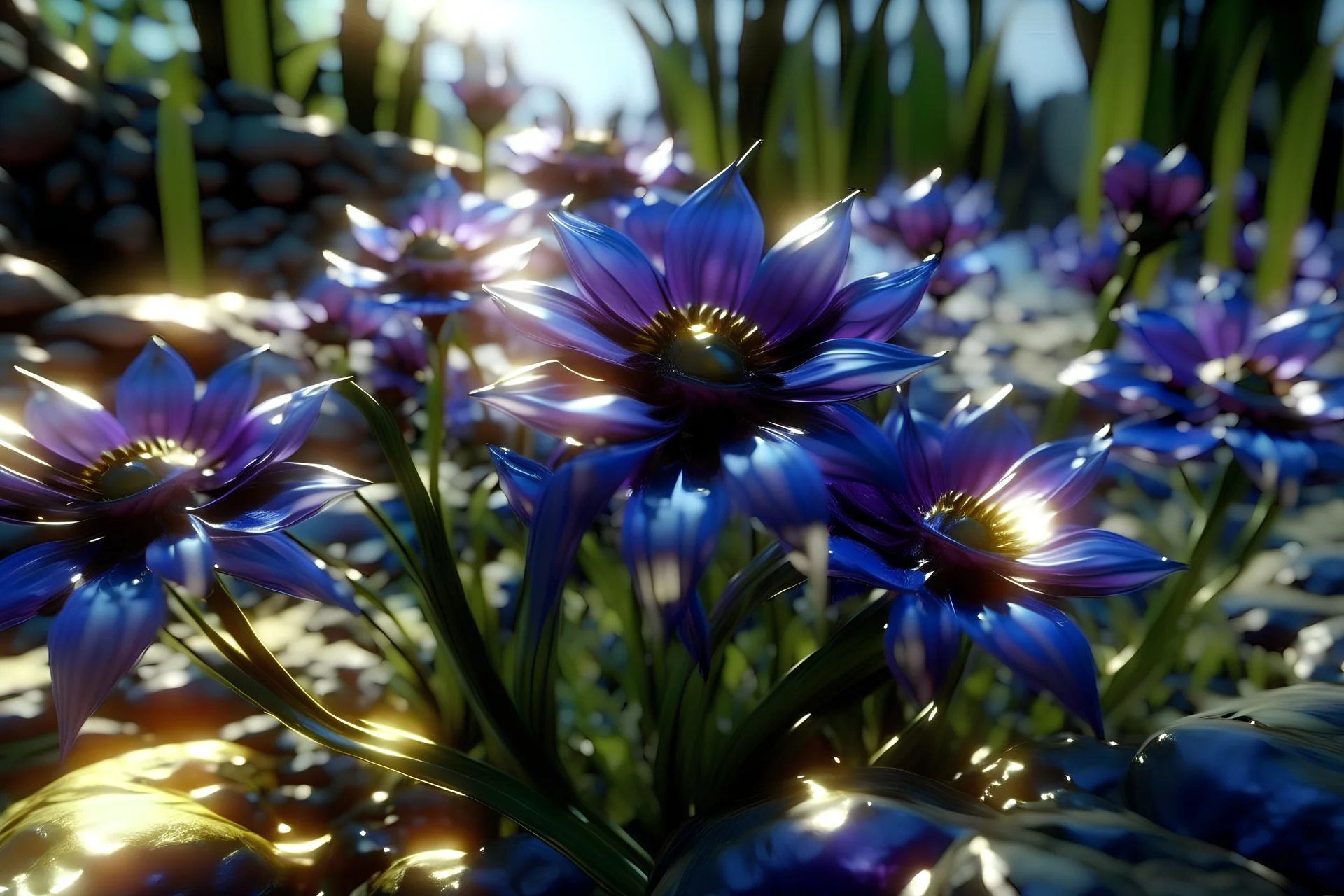 Surreal lilak glass flowers, ultra detailed, ultra realistic, extremely realistic, intricate, photorealistic, epic composition, masterpiece, beautiful landscape, sunlight