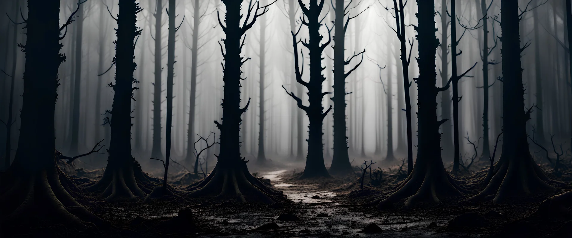 Scary forest, gray tones, dark atmosphere