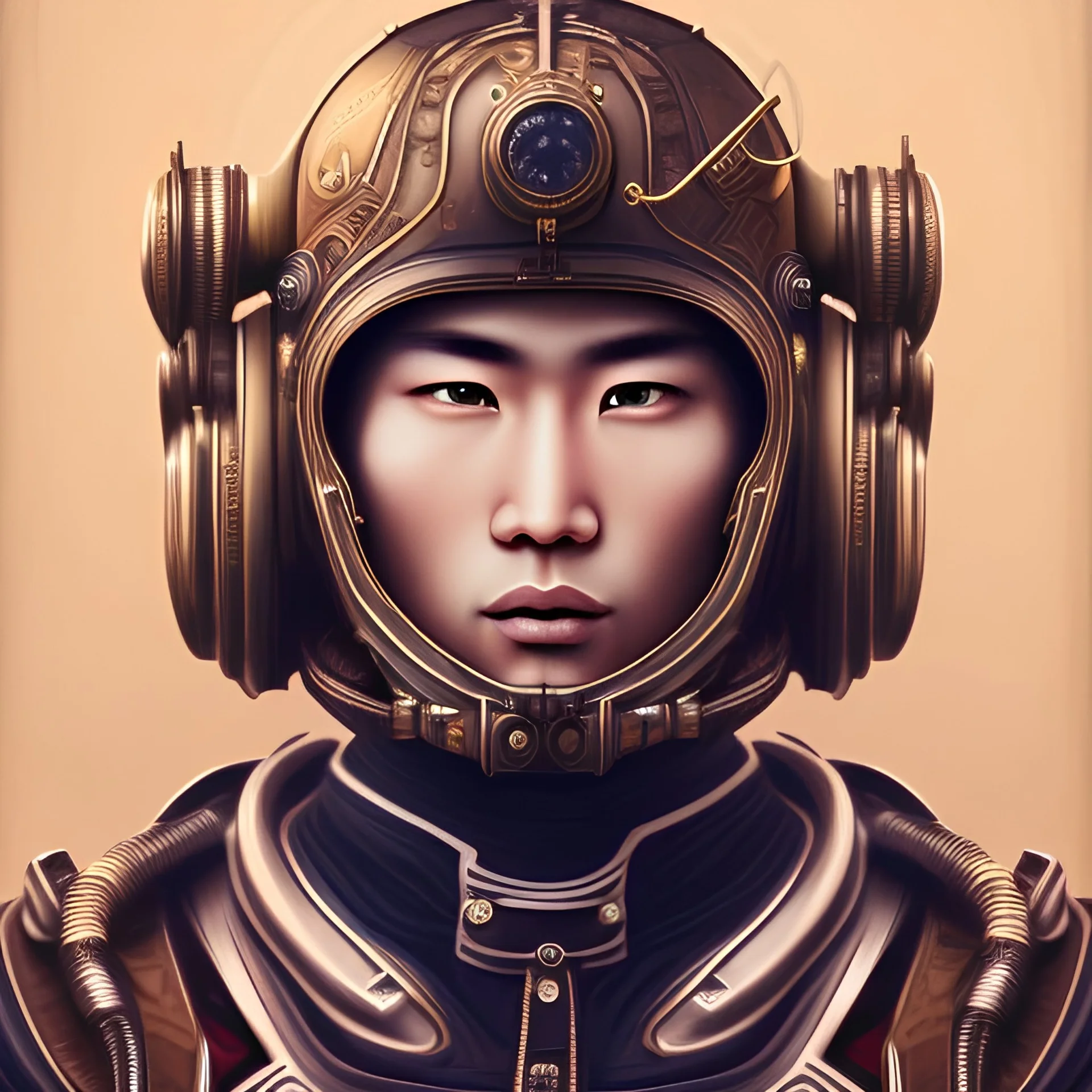 asian man with helmet, steampunk, very detailed, close up, with planets in the background.