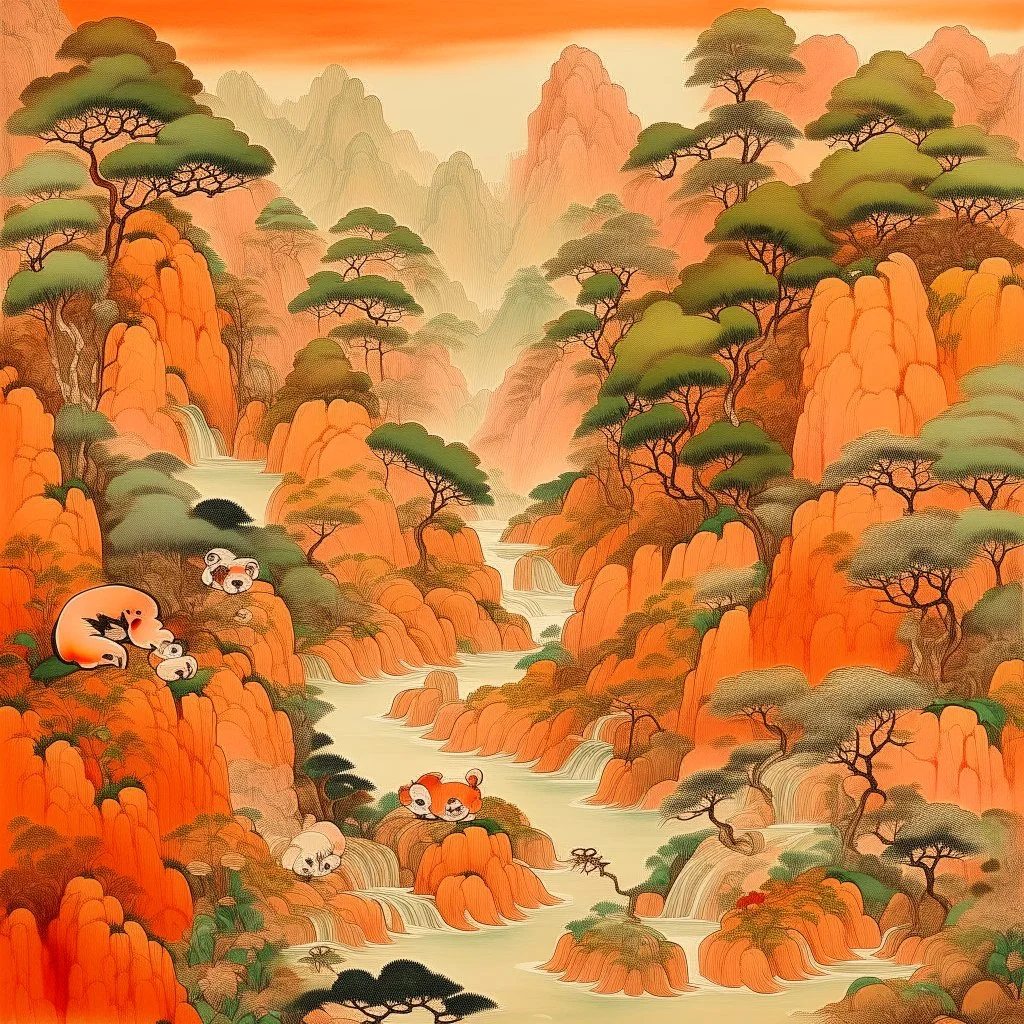 A light rosy orange colored oriental gorge with pandas designed in Chinese paper art painted by Qiu Ying