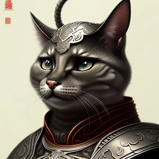 Character design, anthropomorphic cat dressed as a Shaolin, dark, evil, furious, epic, intricate details, finely detailed armor, silver, golden