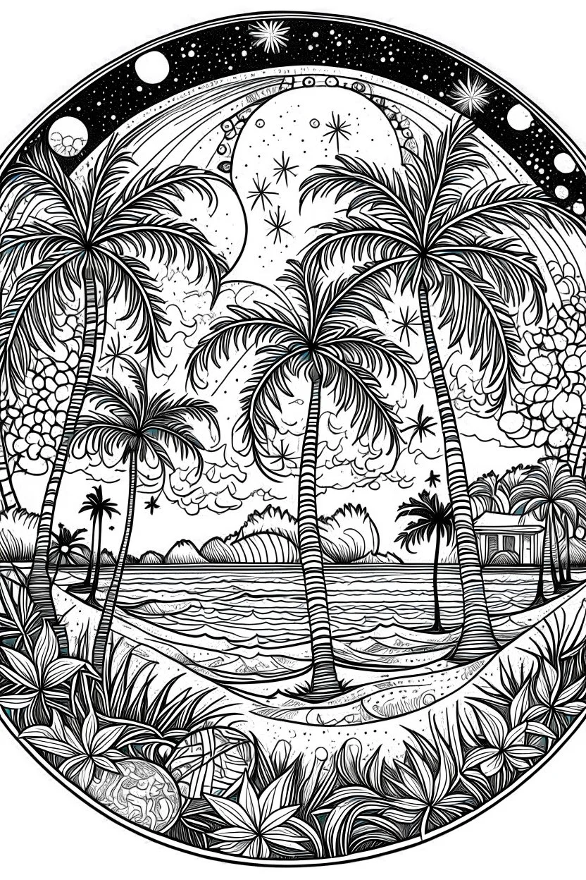 Mandala of moonlit beach with starlit palm trees, in black and white with distinct lines, perfect for an adult coloring book, contour, vector, clean line art, isolated on a white canvas